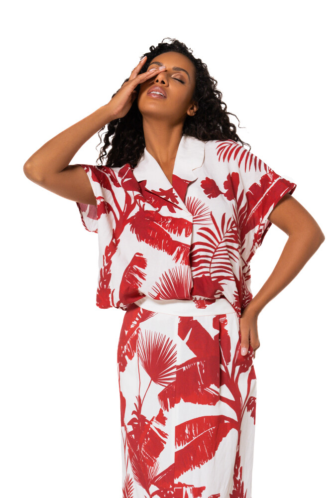 Caroline Biss - Tunika LINEN-BLEND BLOUSE WITH BOTANICAL PRINT red multicolor