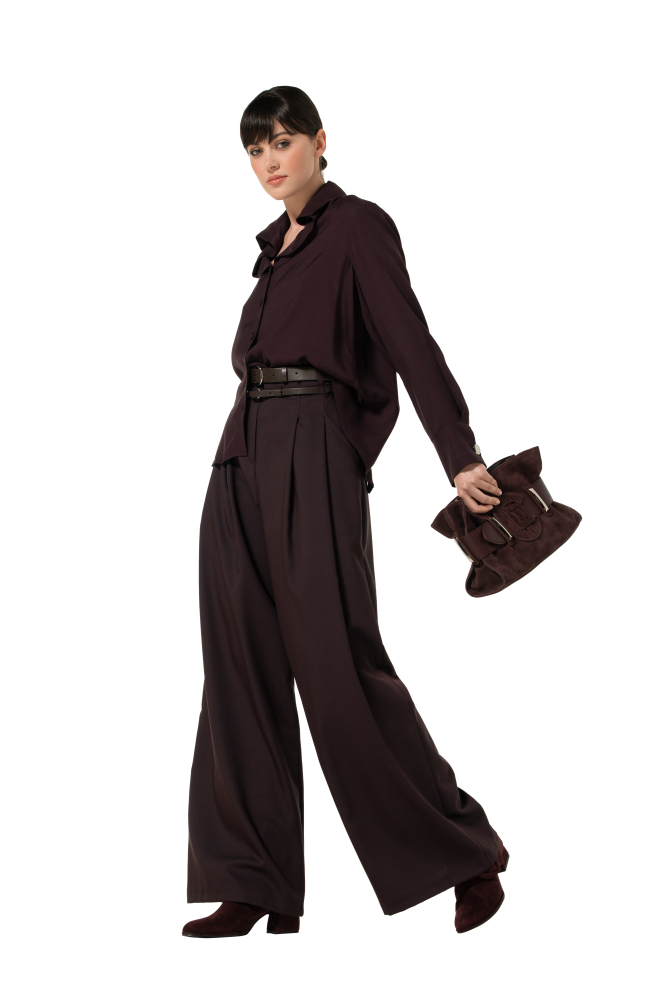Caroline Biss - ELEGANT TROUSERS WITH DOUBLE BELT, MID WAIST eggplant