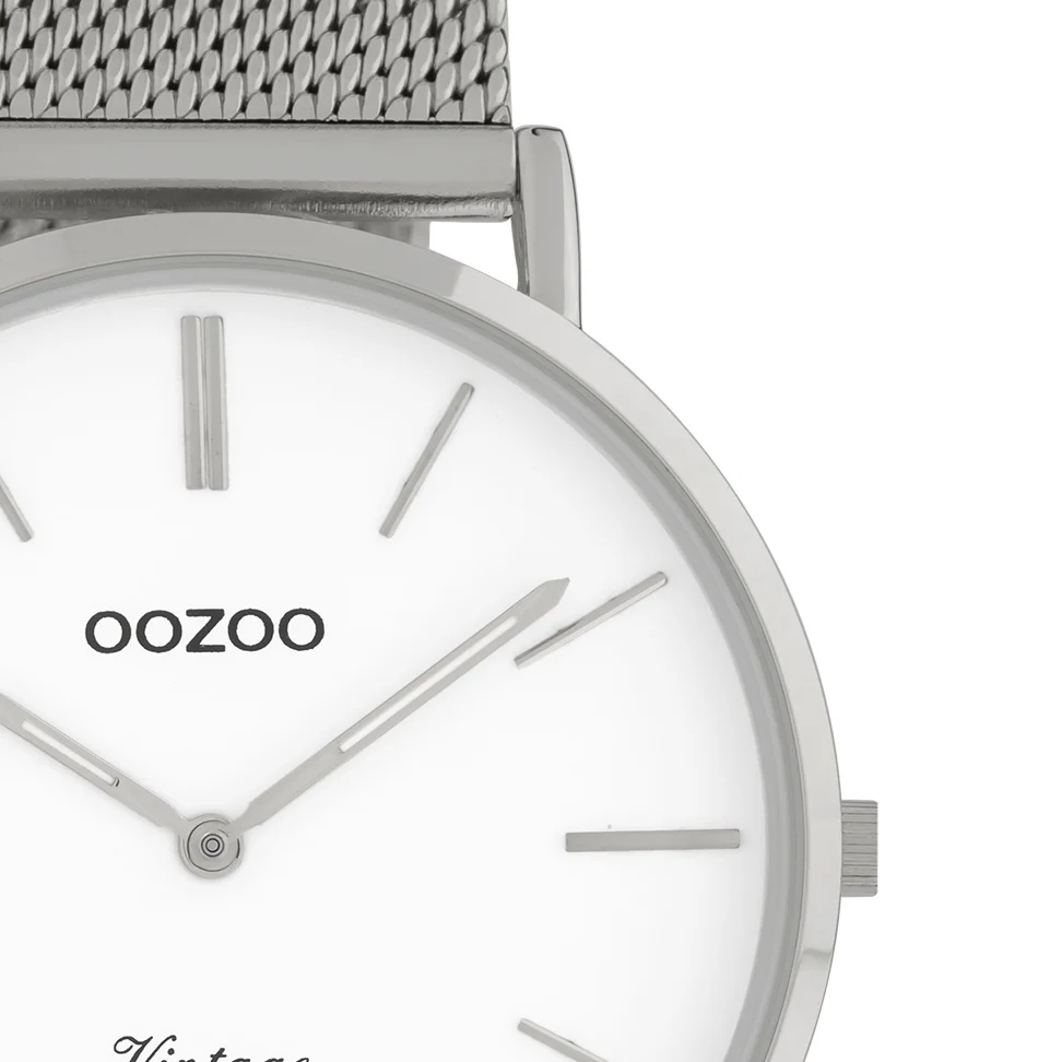 Oozoo Timepieces - Armbanduhr - Vintage Unisex Edelstahl-Mesh-Armband - Silber/Weiß 40mm