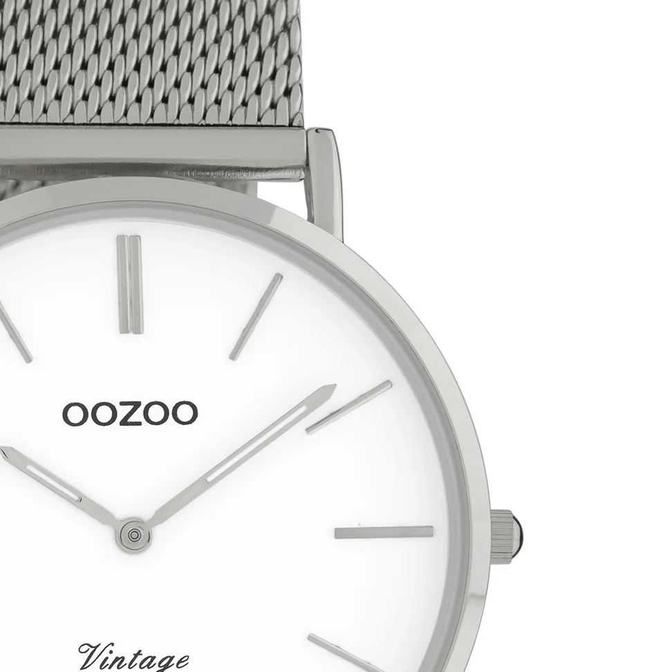 Oozoo Timepieces - Armbanduhr - Vintage Unisex Edelstahl-Mesh-Armband - Silber/Weiß 36mm