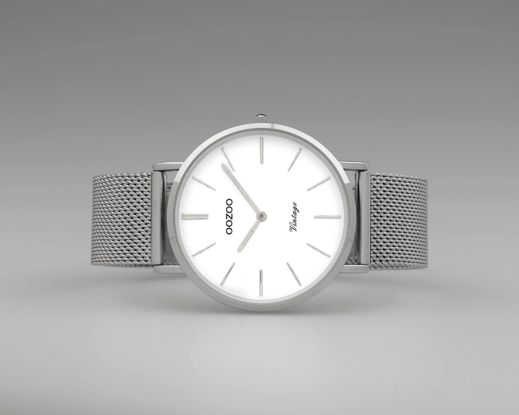Oozoo Timepieces - Armbanduhr - Vintage Unisex Edelstahl-Mesh-Armband - Silber/Weiß 36mm