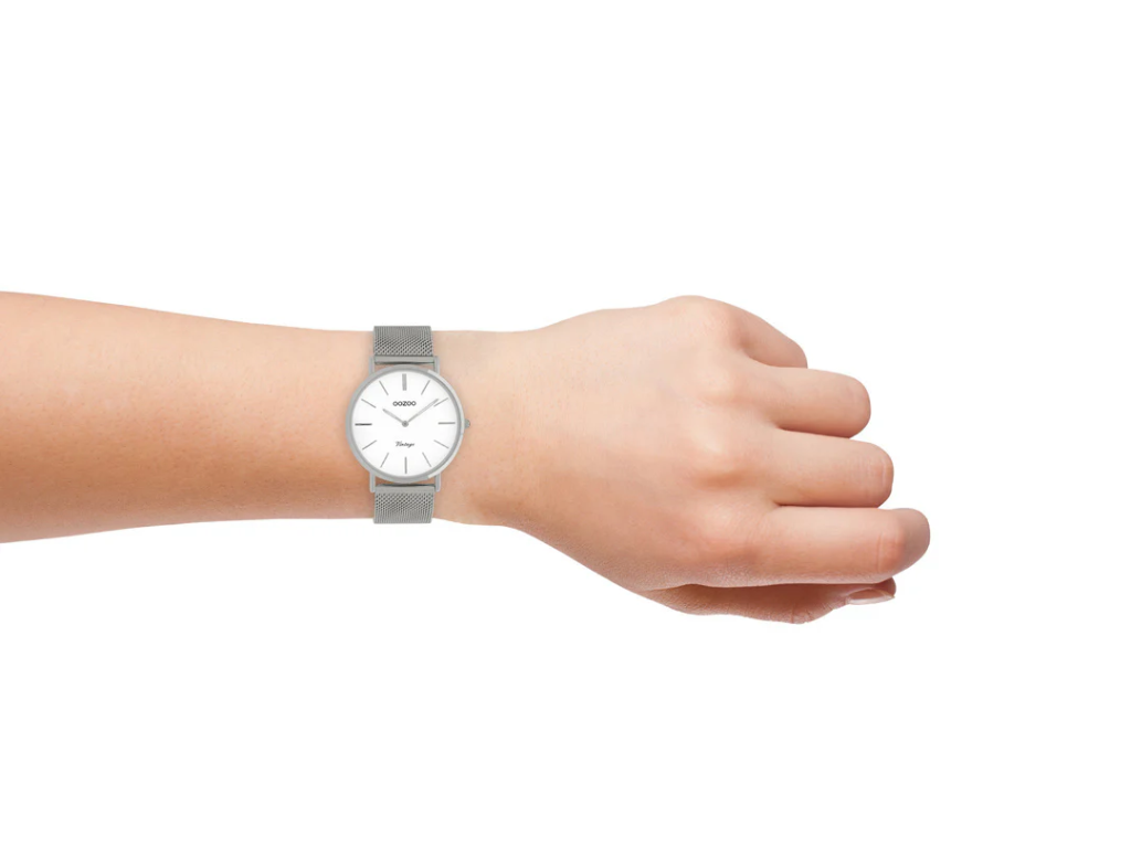 Oozoo Timepieces - Armbanduhr - Vintage Unisex Edelstahl-Mesh-Armband - Silber/Weiß 36mm