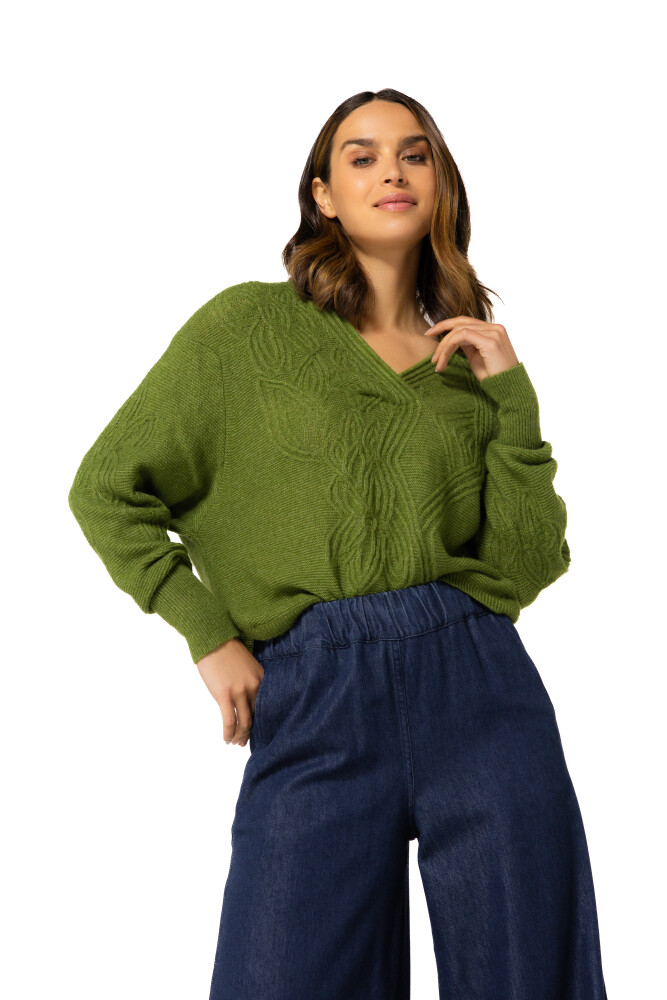 Caroline Biss - RELAXED COSY PULLOVER WITH SUBTLE FLORAL RELIEF PATTERN avocado