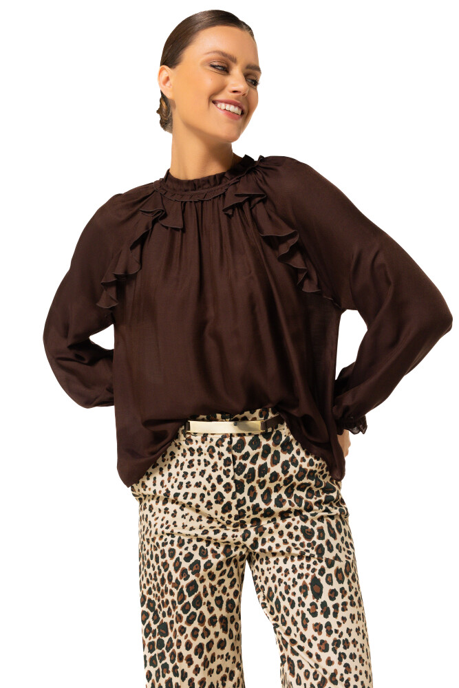 Caroline Biss - Tunika STRAIGHT FLOWY BLOUSE WITH FLOUNCE EFFECT coffee 