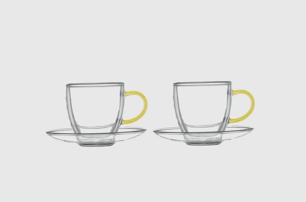 Aulica - Doppelwandige Tassen und Untertassen mit gelbem Griff, 4 teiliges Set (2 Tassen mit Untertasse)
