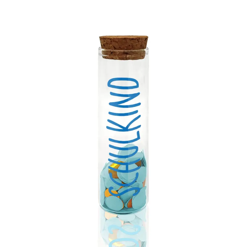 Mea Living - Geldgeschenkröhrchen SCHULKIND blau mit hellblauem Konfetti