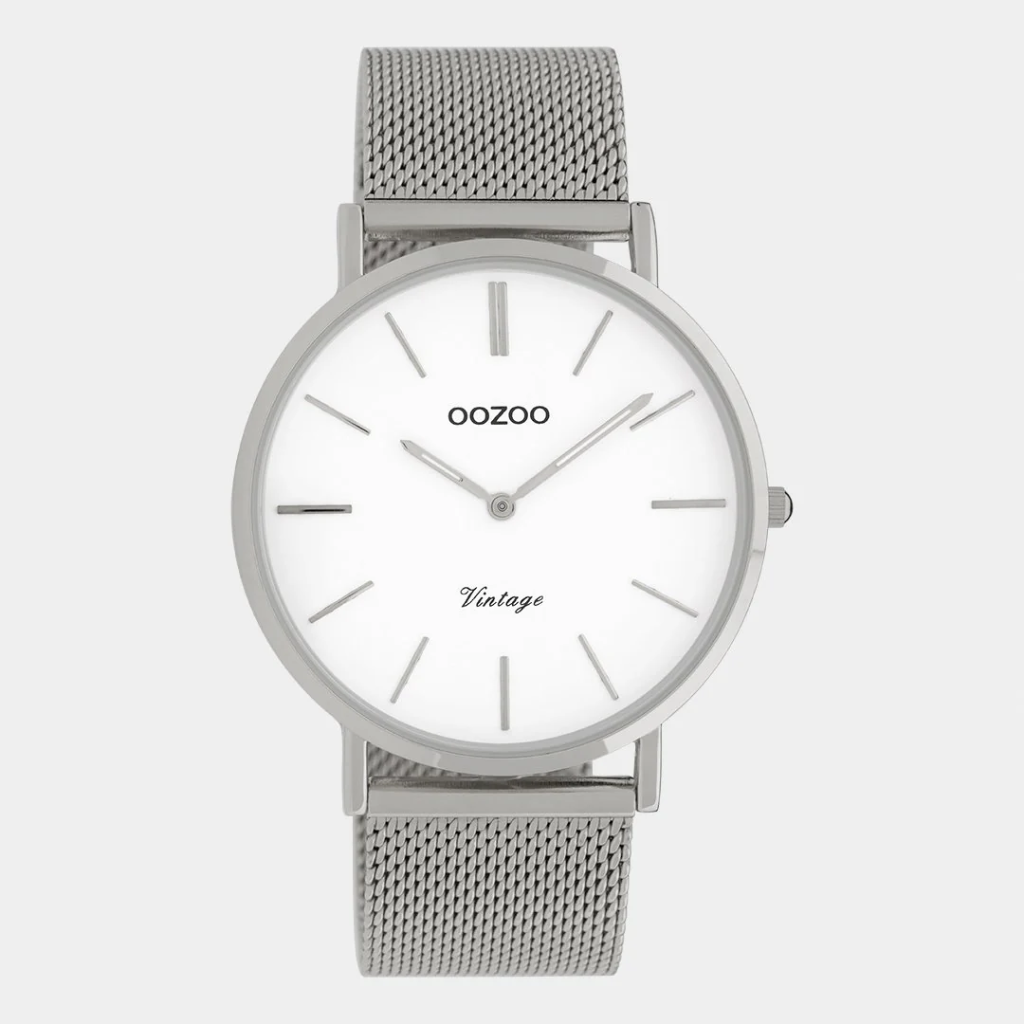 Oozoo Timepieces - Armbanduhr - Vintage Unisex Edelstahl-Mesh-Armband - silber/weiß 40mm
