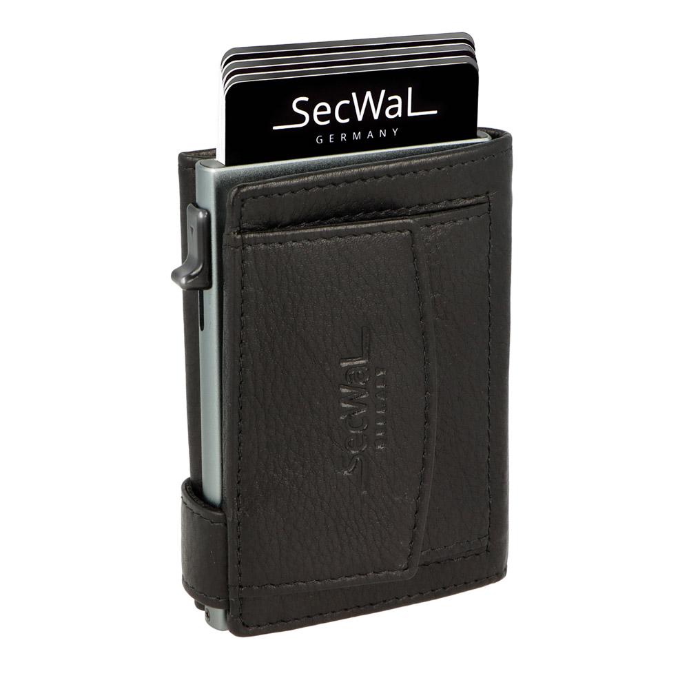 SecWal - Kartenetui mit Geldbeutel Münzfach Druckknopf Leder schwarz (Glattleder)