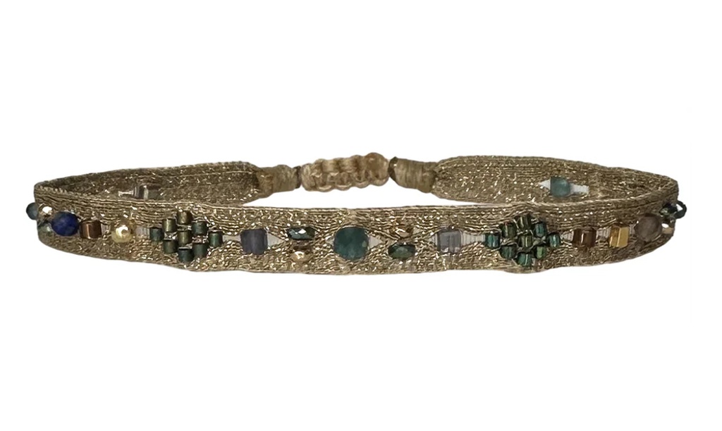 LeJu - Bracelet gold polyester threads with blue, green, gold glass beads 