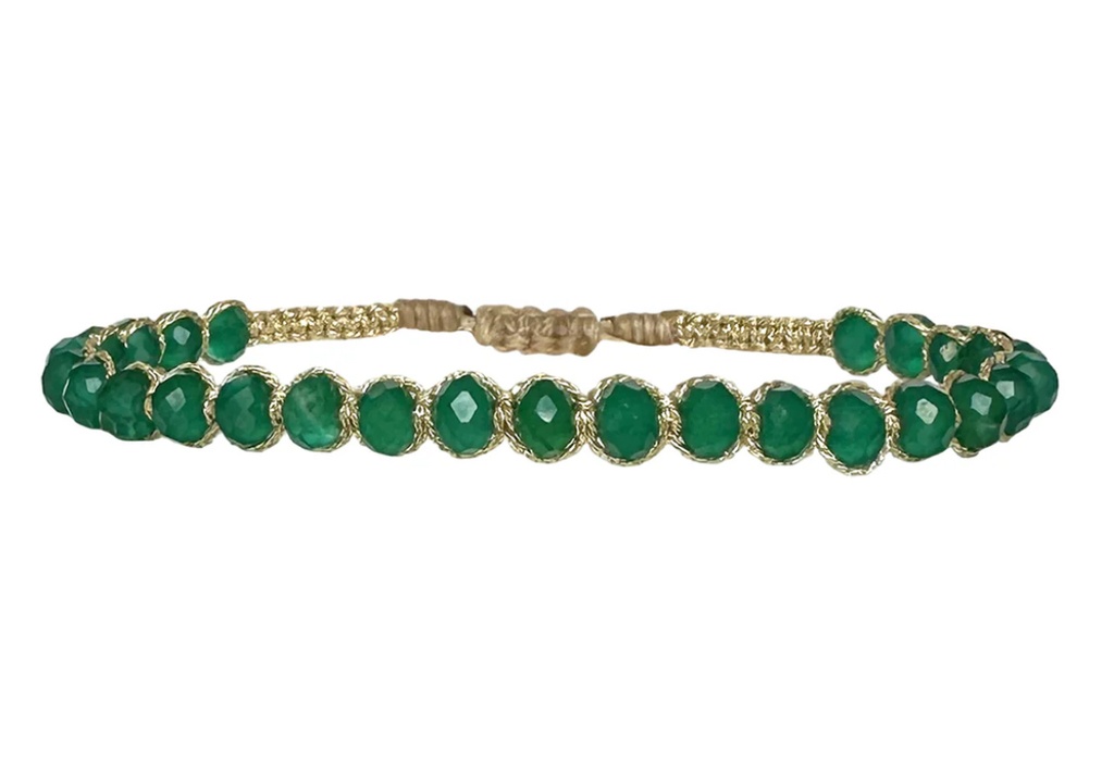 LeJu - Bracelet gold polyester threads with green glass beads