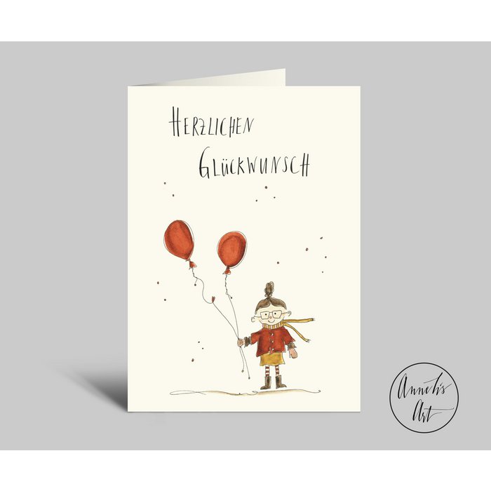 Annelis Art - Klappkarte mit Umschlag - Geburtstagskarte Mädchen mit Ballons, herzlichen Glückwunsch