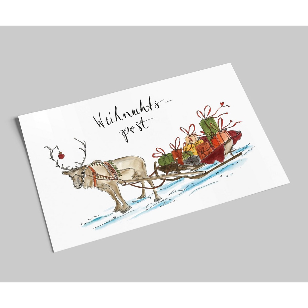Annelis Art - Postkarte - Weihnachtspost, Rentier mit Geschenkeschlitten