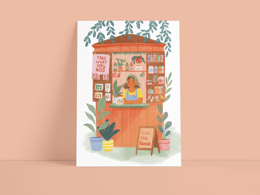 Süsswarenladenfrau - Postkarte - Kleiner Kiosk