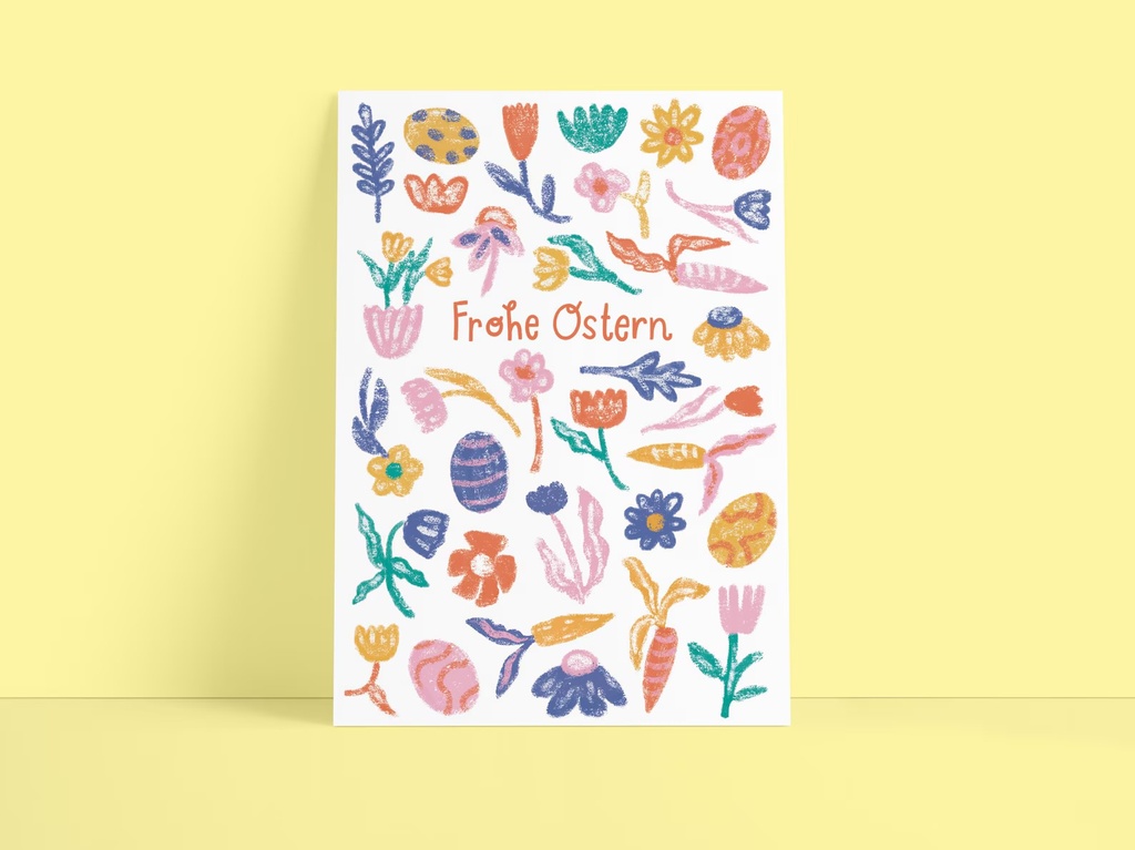 Süsswarenladenfrau - Postkarte - Osterblumen