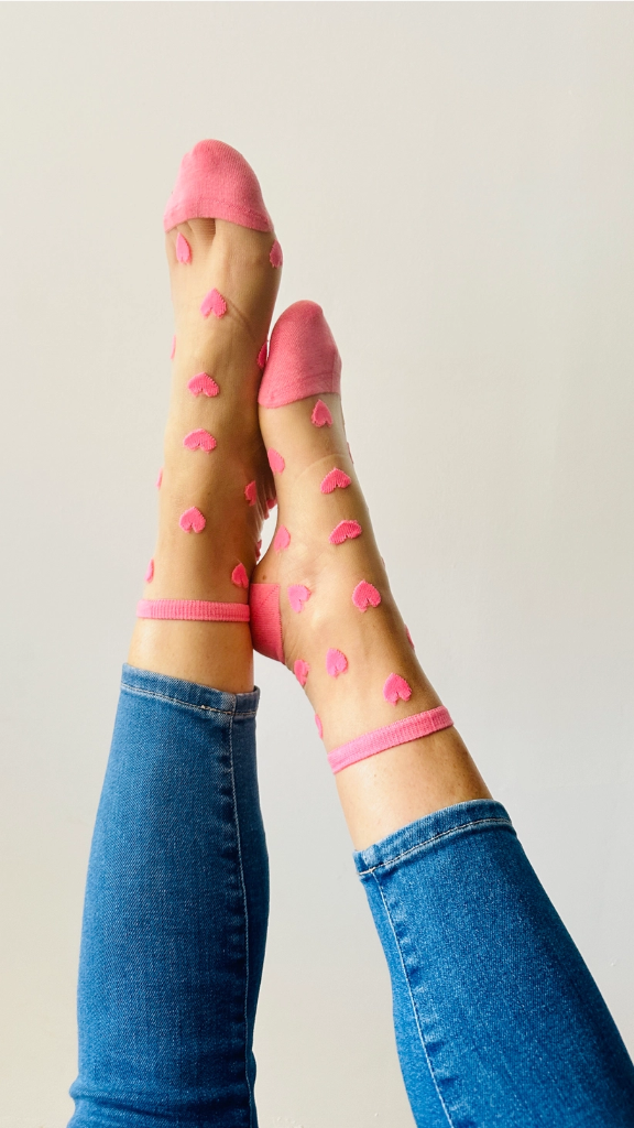 Sockette - Transparente Socken - Laure - korallenrote Herzen