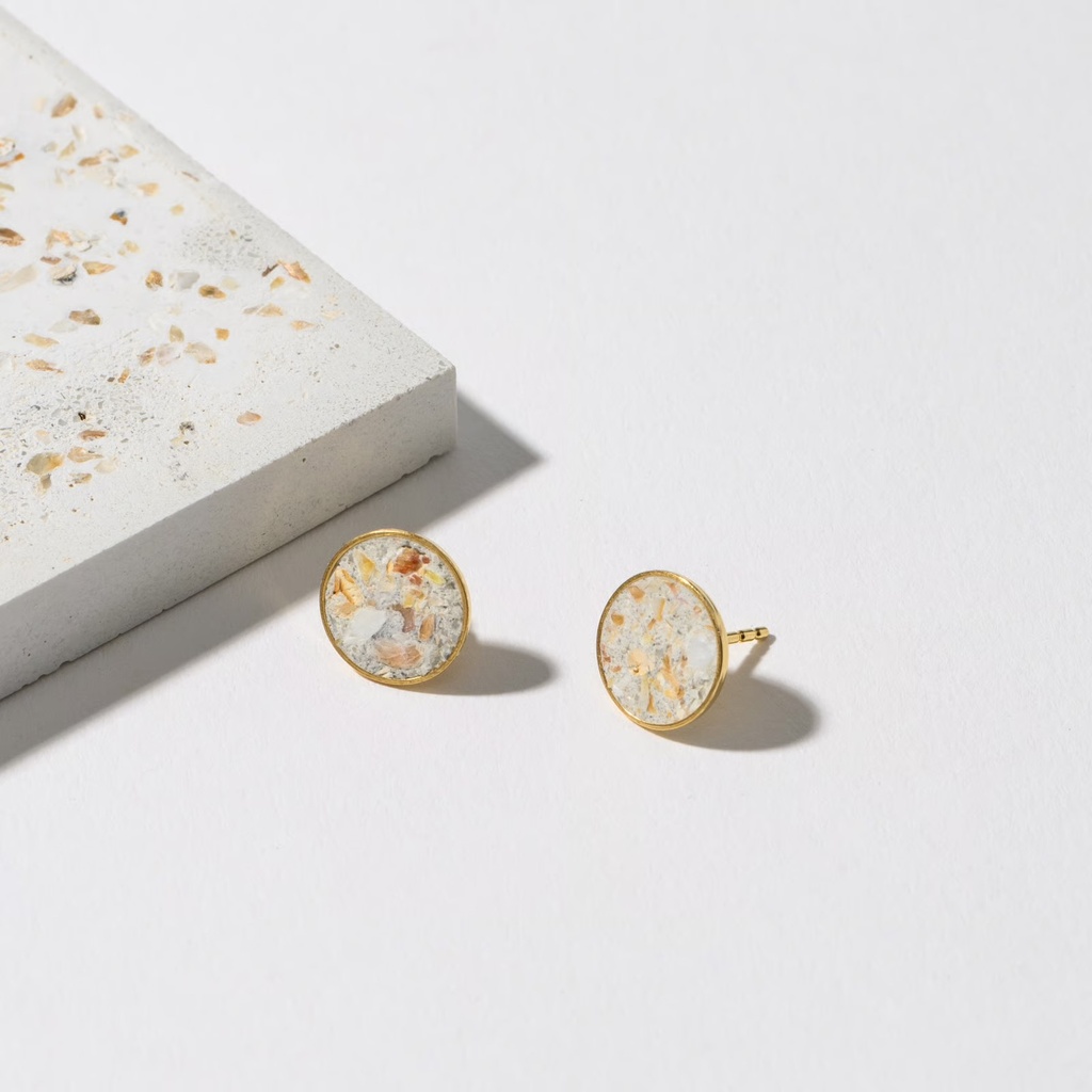 Hartgut Buntbeton - 11mm Ohrstecker (Paar) Silberfassung vergoldet - Muschelbeton - Gelbgold Muschel gelb Leuchtende Auster