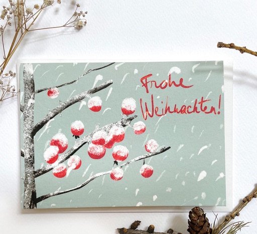 Elena Klein - Klappkarte mit Umschlag - Zweig rote Beeren Schnee Frohe Weihnachten