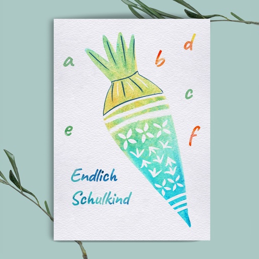 Elena Klein - Postkarte - Schultüte - Endlich Schulkind mit Buchstabensalat auf weißem Hintergrund
