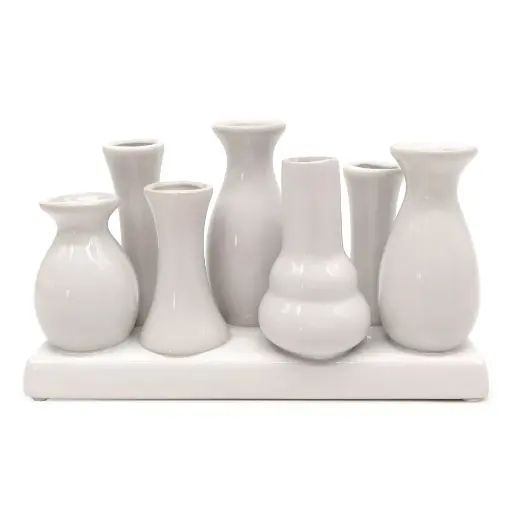 [Vase-001] Mea Living - 7 Väschen auf Tablett aus Keramik weiß