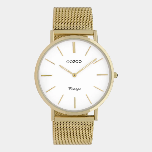 [C9909] Oozoo Timepieces - Armbanduhr - Vintage Unisex Edelstahl-Mesh-Armband - gold/weiß 40mm