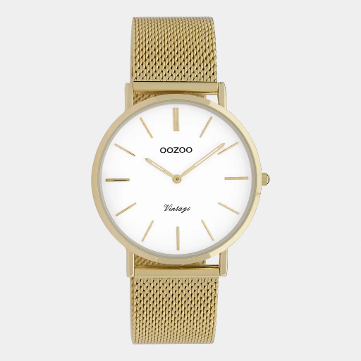 [C9910] Oozoo Timepieces - Armbanduhr - Vintage Unisex Edelstahl-Mesh-Armband - gold / weiß 36mm