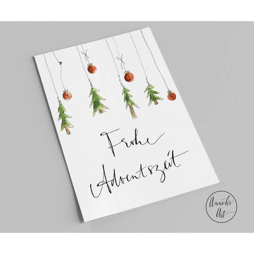 [SW10228.1] Annelis Art - Postkarte - Frohe Adventszeit, rote Kugeln und kleine Tannen