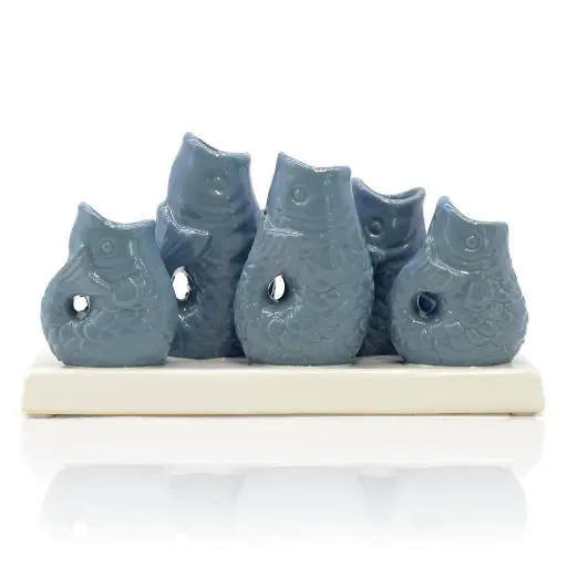 [VASE-026] Mea Living - 5 Väschen FISCHE auf Tablett aus Keramik - blau