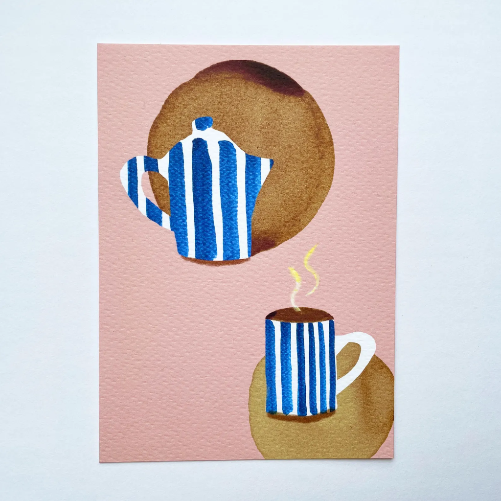 Elena Klein - Postkarte - Kaffeezeit (Kaffeekanne und Tasse) - Flecken mit echtem Kaffee