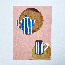 Elena Klein - Postkarte - Kaffeezeit (Kaffeekanne und Tasse) - Flecken mit echtem Kaffee