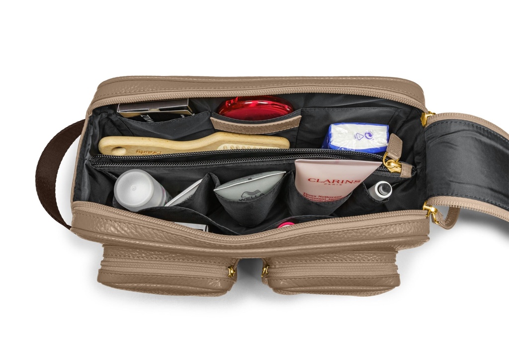 Doppel-Waschtasche | taupe | braun | gold | genarbt