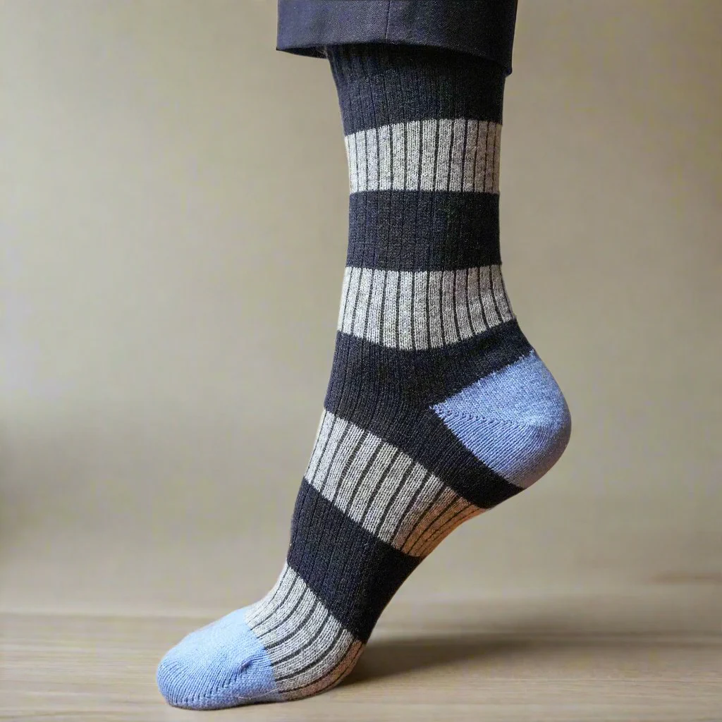 Klue - Merino Wool Socks with stripes | Navy grey light blue