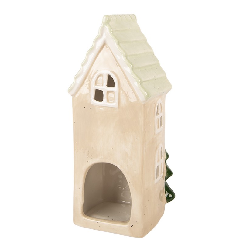 Clayre & Eef - Windlicht Teelichthalter Deko Häuschen Keramik grünes Dach mit Tannenbaum und Weihnachtskranz