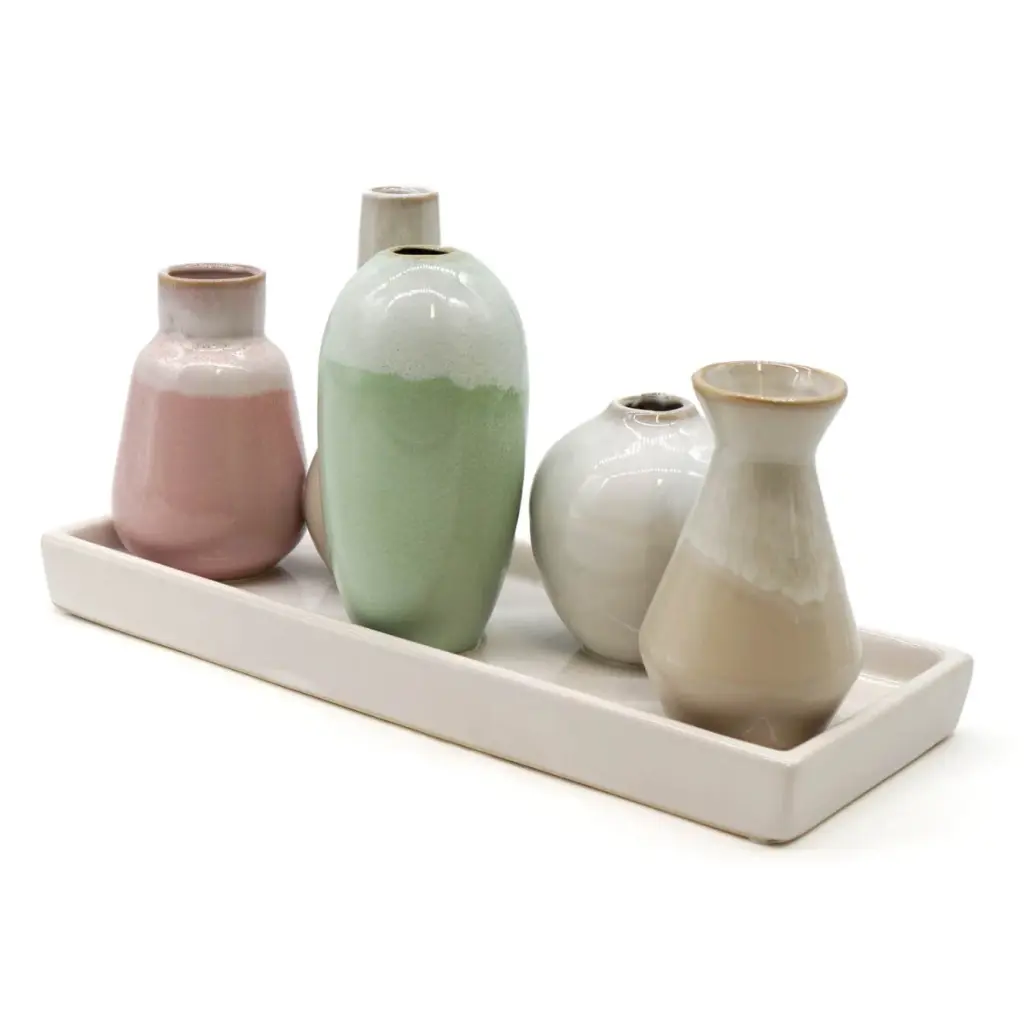 Mea Living - 5 Väschen "bauchig" auf Tablett aus Keramik multicolor groß