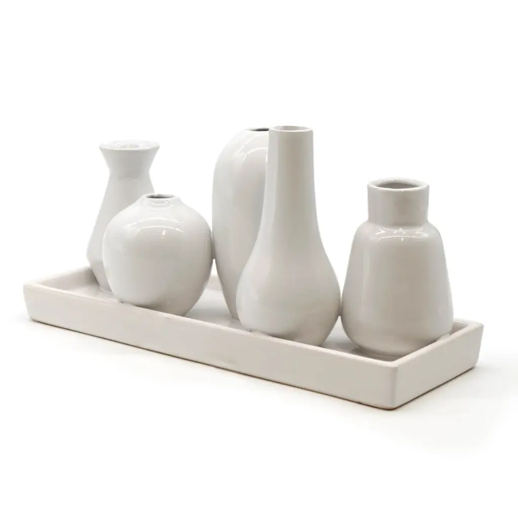 Mea Living - 5 Väschen "bauchig" auf Tablett aus Keramik weiß groß