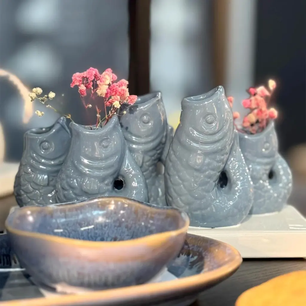 Mea Living - 5 Väschen FISCHE auf Tablett aus Keramik - blau