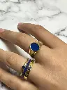 Charmins Ring - R1484 - Gold-Colored Signet Ring with Flat Oval Synthetic Blue Gemstone Steel