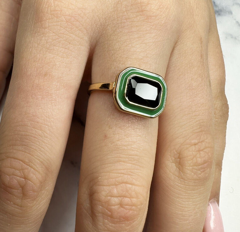 Charmins Ring - R1778 - Gold-Tone Chunky Ring Green Enamel and Black Stone Bold and Sophisticated