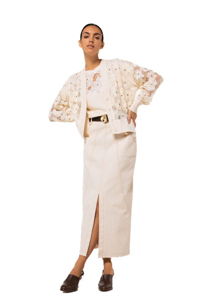 Caroline Biss - TULLE CARDIGAN WITH EMBROIDERED FLORAL DETAIL - natural