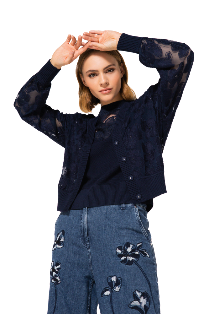 Caroline Biss - TULLE CARDIGAN WITH EMBROIDERED FLORAL DETAIL - navy