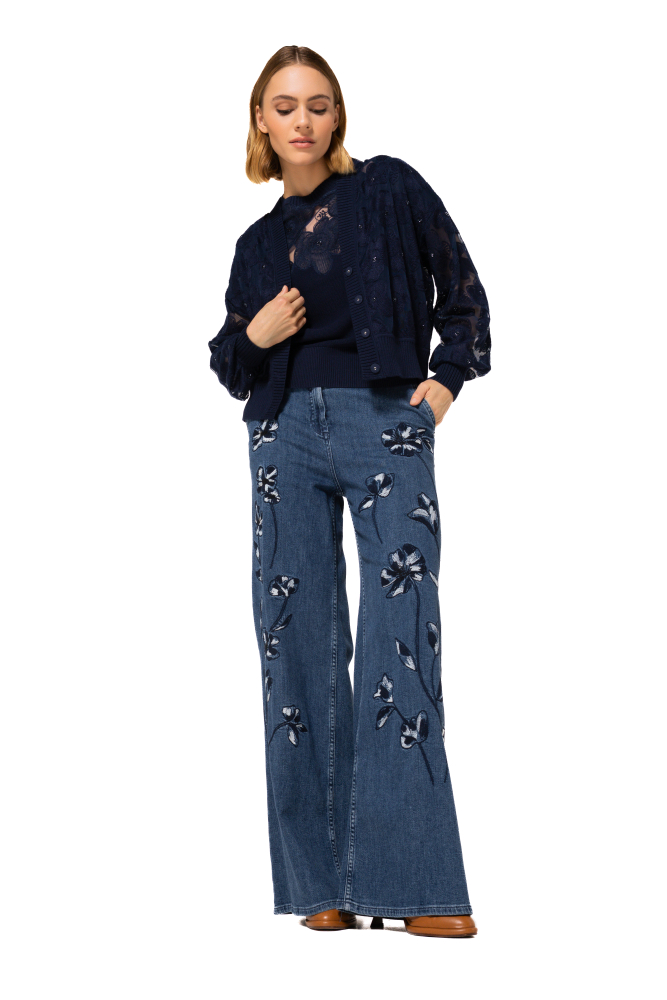 Caroline Biss - TULLE CARDIGAN WITH EMBROIDERED FLORAL DETAIL - navy