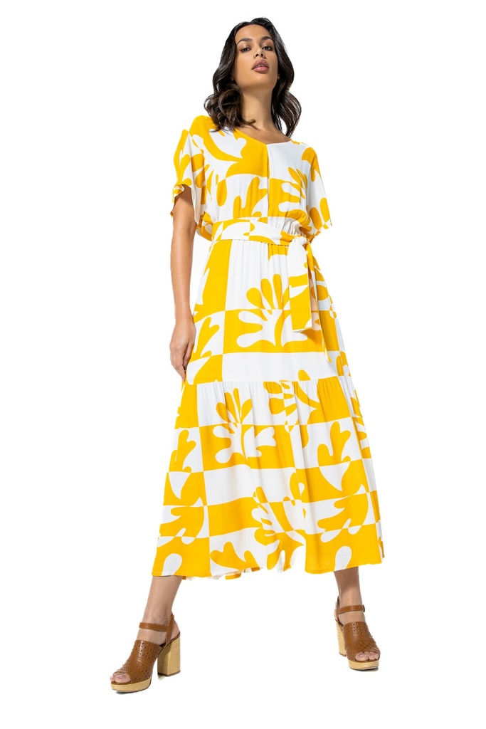 Caroline Biss - Soepelvallende Zonnige Midi Jurk Multi Color - 3160-89 - gelb weiß