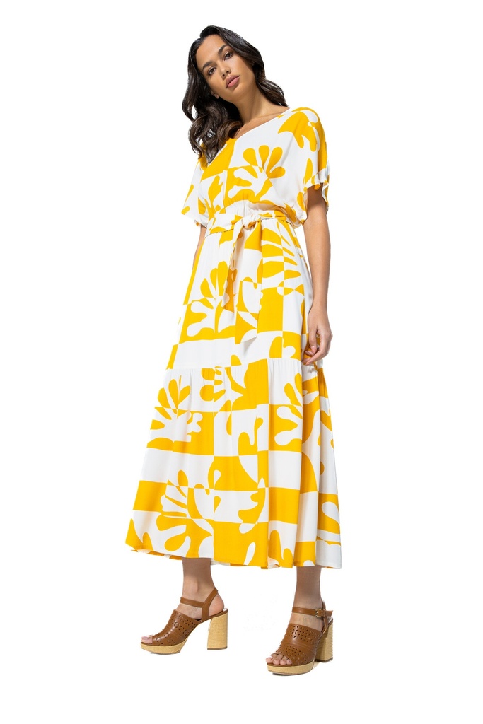 Caroline Biss - Soepelvallende Zonnige Midi Jurk Multi Color - 3160-89 - gelb weiß