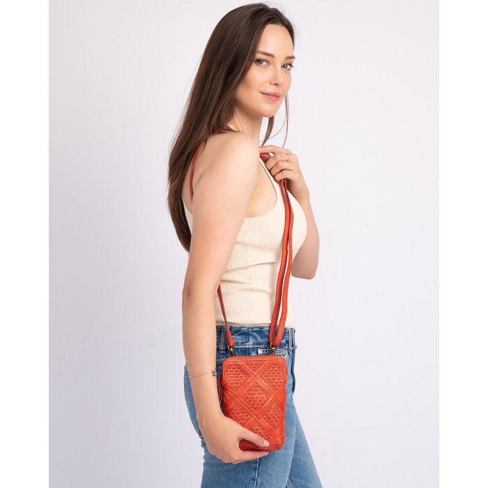 Amsterdam Heritage - Leder Handytasche / kleine Tasche MILDER Orange / Koralle geflochten