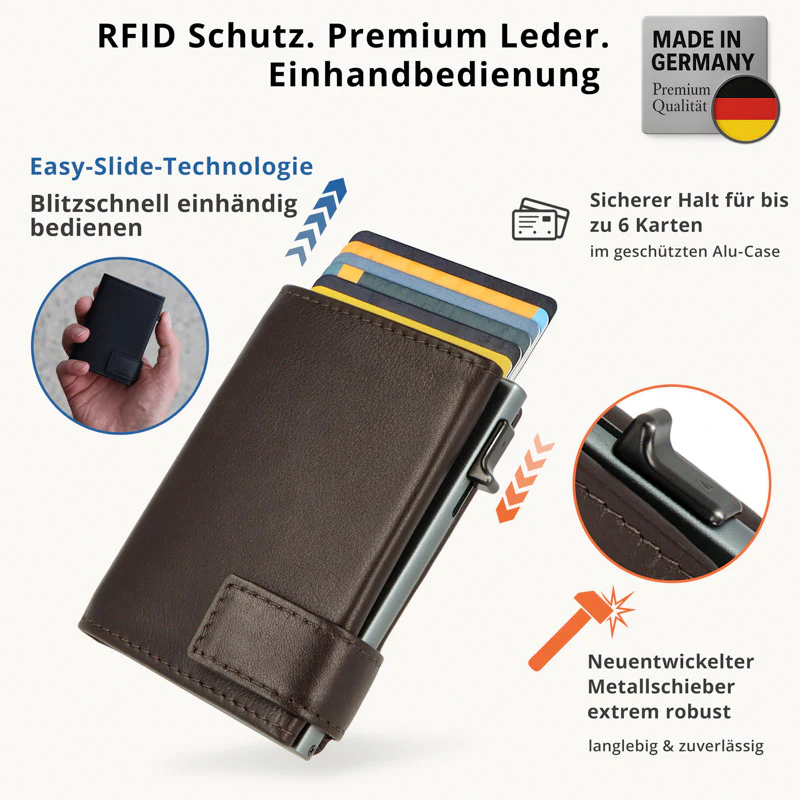 SecWal - Kartenetui mit Geldbeutel Druckknopf braun Leder