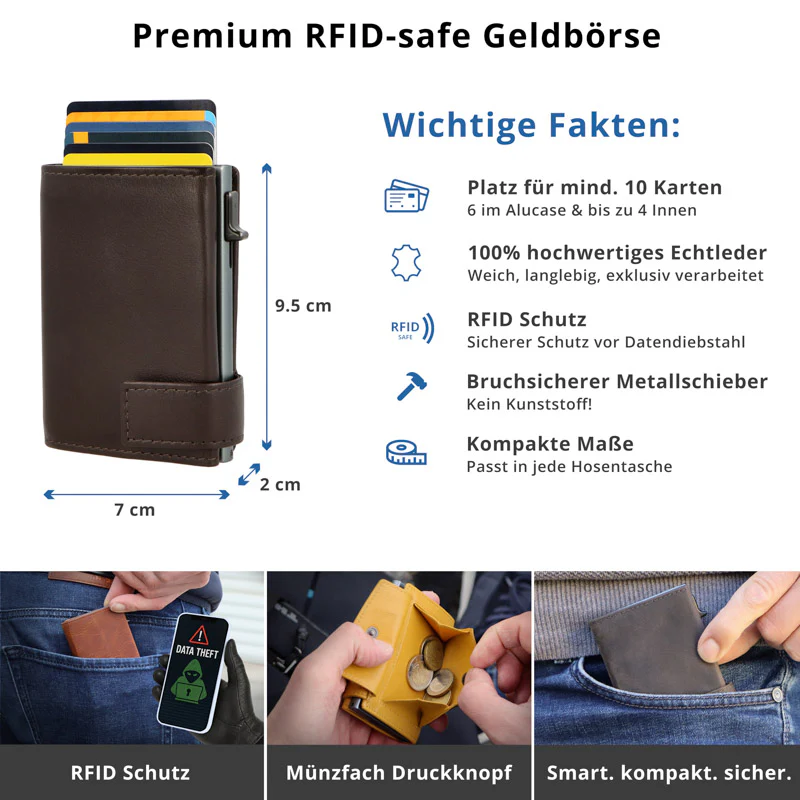 SecWal - Kartenetui mit Geldbeutel Druckknopf braun Leder