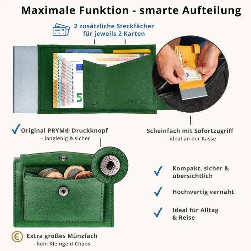 SecWal - Kartenetui mit Geldbeutel Druckknopf grün Leder