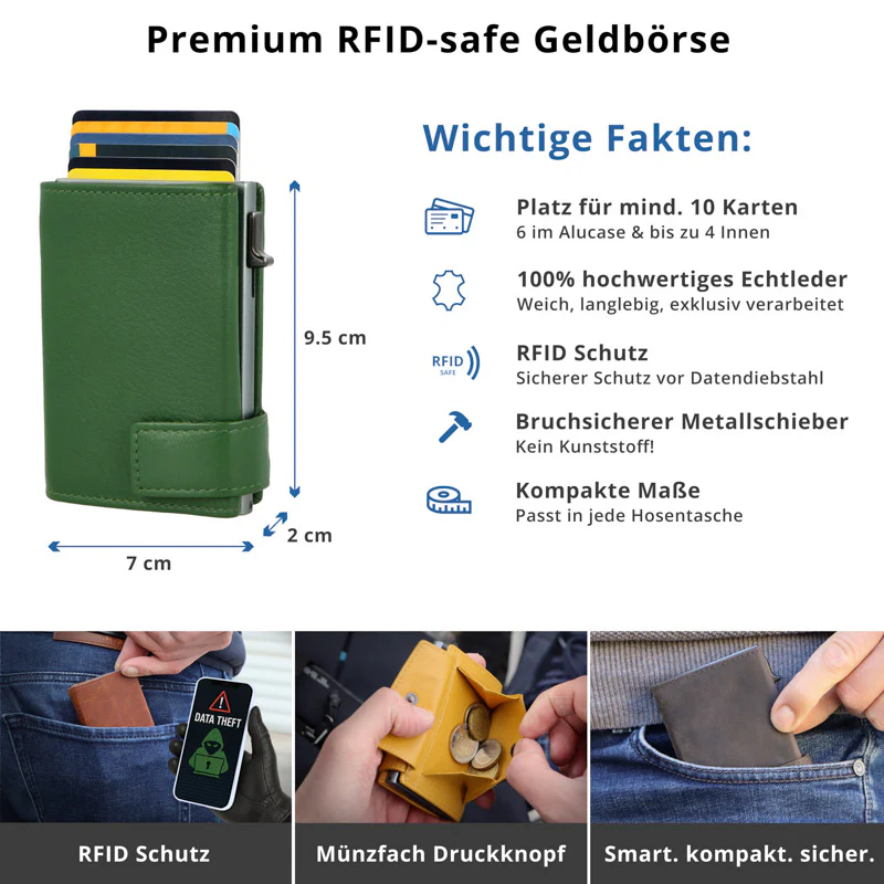 SecWal - Kartenetui mit Geldbeutel Druckknopf grün Leder