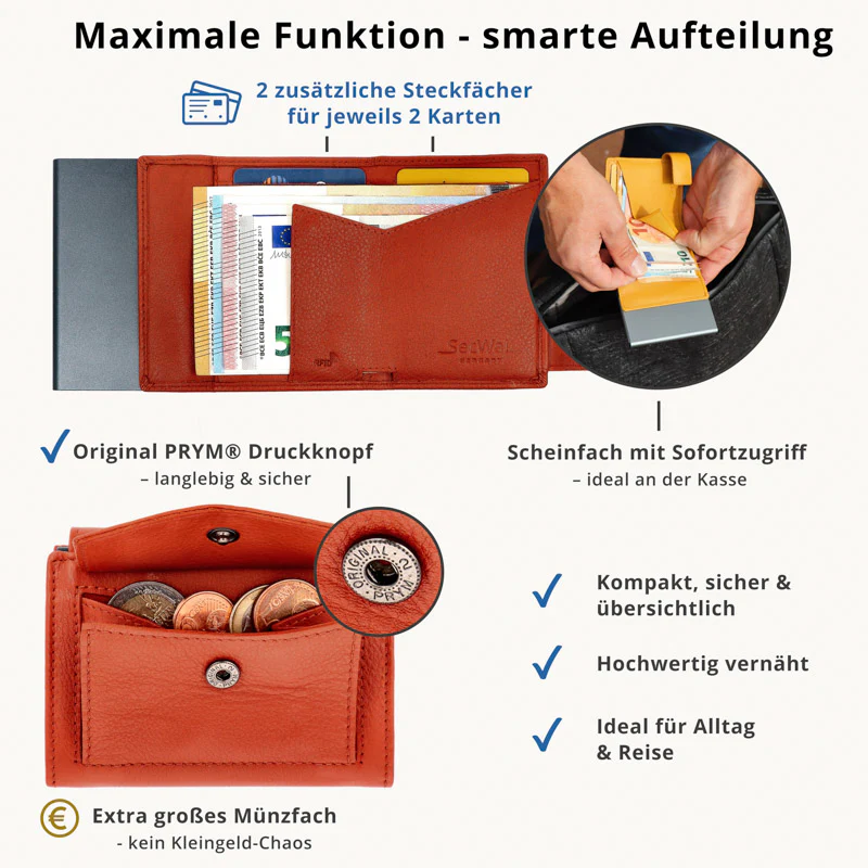 SecWal - Kartenetui mit Geldbeutel Druckknopf orange Leder