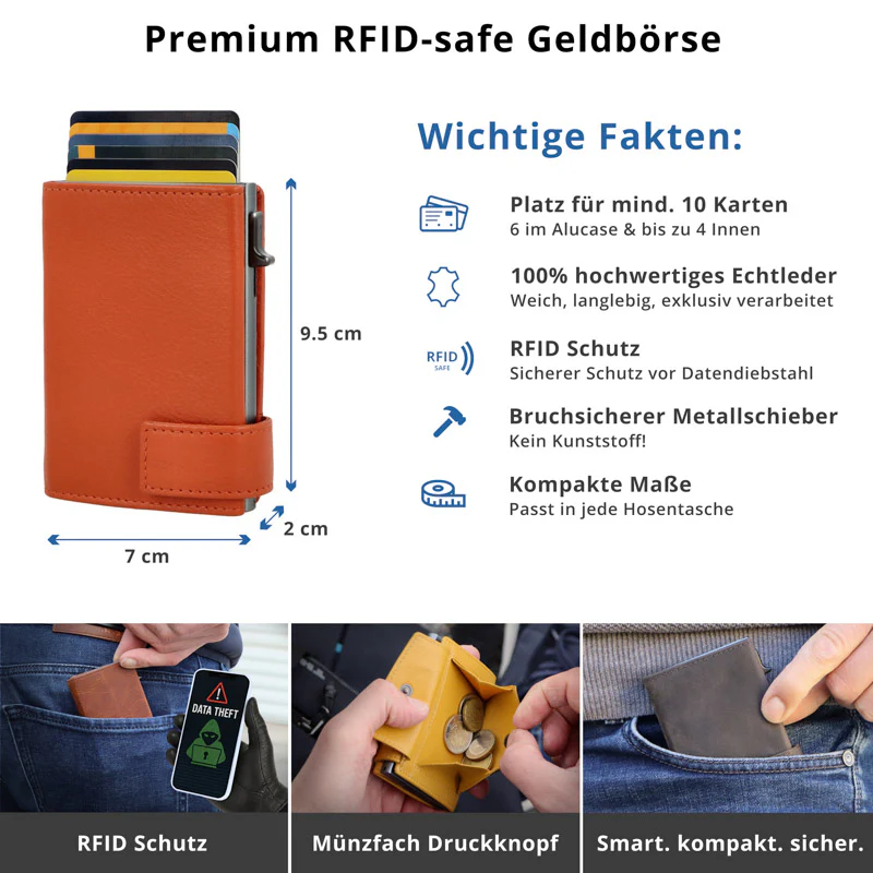 SecWal - Kartenetui mit Geldbeutel Druckknopf orange Leder