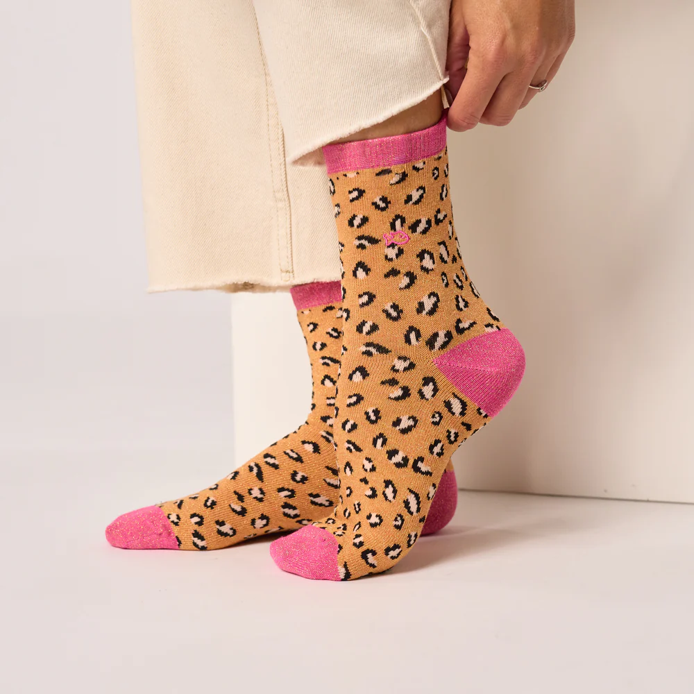 Billybelt - Baumwollsocken Leopard glitter - orange, pink